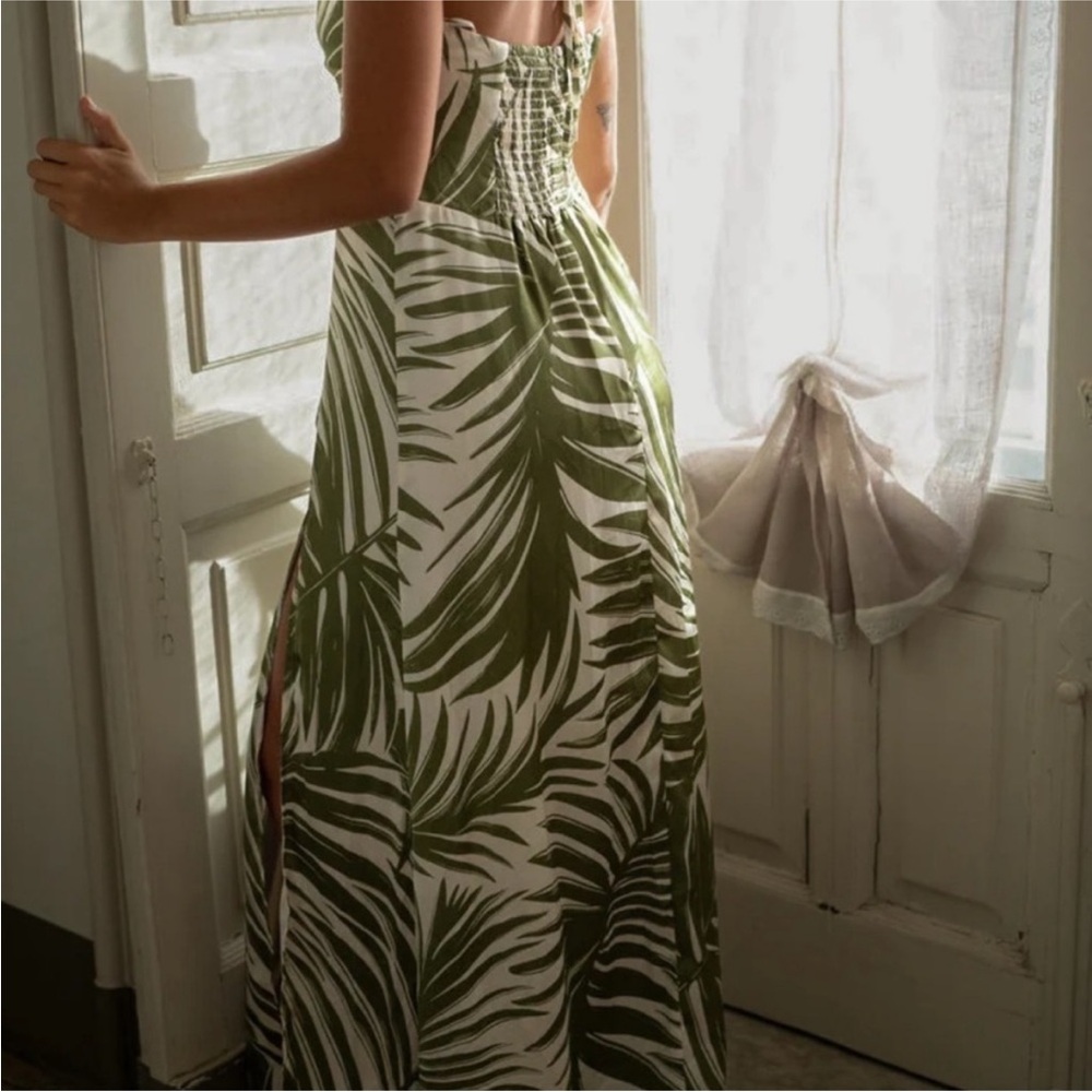 12th Tribe Green Leaf Print Maxi Dress